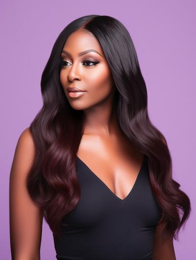 a half-body shot of a beautiful dark skinned black woman wearing a short silky straight lace front wig isolated on a solid purple background, fashionnova, small waist, 32k uhd, in the style of 8k resolution --no watermark, florals, bangs --ar 3:4 --v 5.0