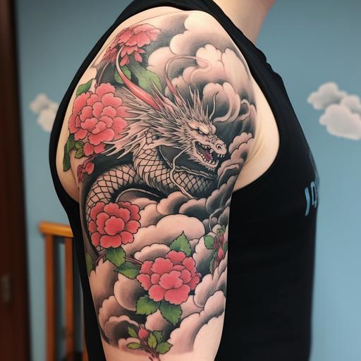 a half sleeve and shoulder traditional tattoo of a floral dragon flying and twirling up through the cloudes with a snow peak mountain in the background