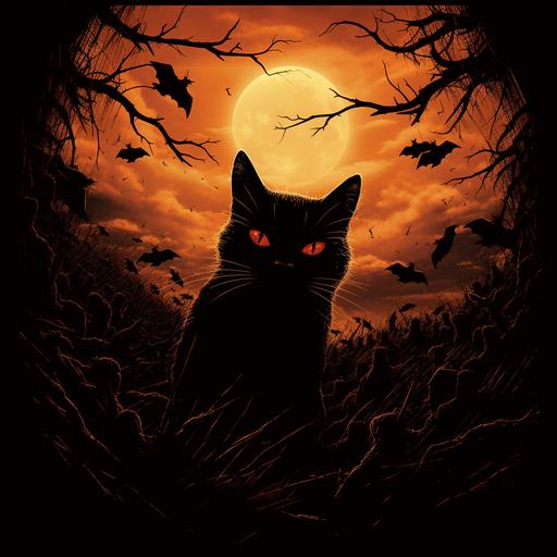 a halloween cat picture with silhouettes of bats in the cats eyes