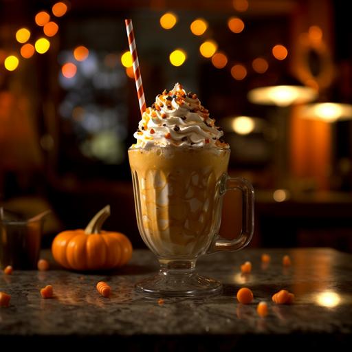 a halloween milkshake pumpkin in cup, orange swirl, sprinkles, on diner table real moody lighting
