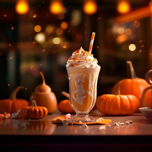 a halloween milkshake pumpkin in cup, orange swirl, sprinkles, on diner table real moody lighting