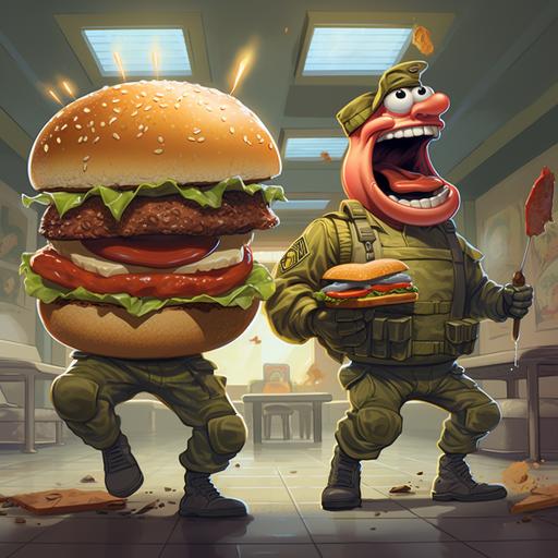 a hamburger and a hot dog in full military tactical gear breaching into a fast food restaurant. Cartoon Pixar style