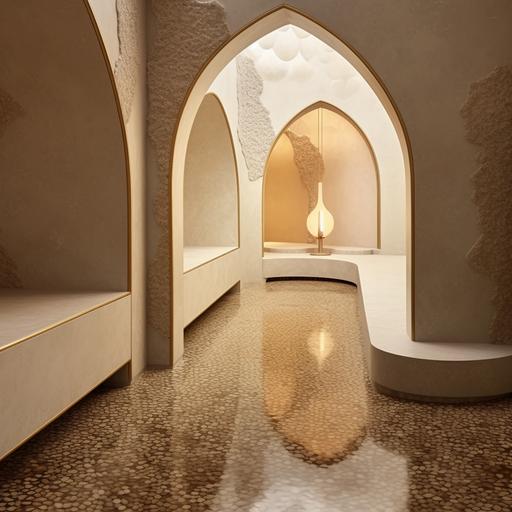 a hammam spa space with traditional vaulted spirit with beige terrazzo walls, gold faucets, washed mignonette, interior design, architecture, curve ,  ,    , a close-up photo like this