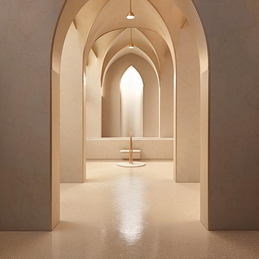 a hammam spa space with traditional vaulted spirit with beige terrazzo walls, gold faucets, washed mignonette, interior design, architecture, curve ,  ,    , a close-up photo like this