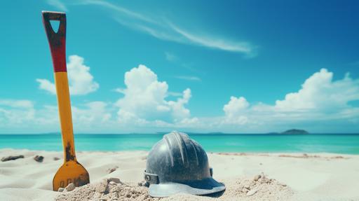 a hammer, construction hat, drill, tape measure, nails, screws half-buried in the sand on the beach with ocean and blue sky in the background clear 4k high definition background, Color Film, High-Resolution Post --ar 16:9