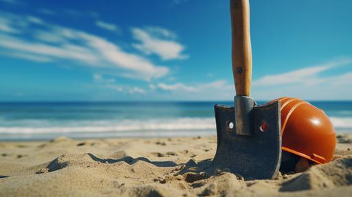 a hammer, construction hat, drill, tape measure, nails, screws half-buried in the sand on the beach with ocean and blue sky in the background clear 4k high definition background, Color Film, High-Resolution Post --ar 16:9