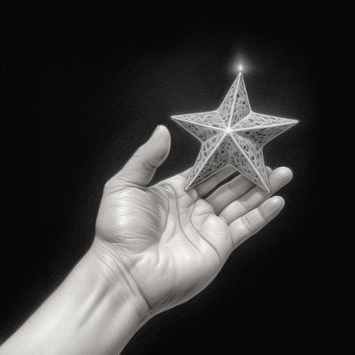 a hand cupping a star, close up, just hand and star, pencil rendering --v 5.1
