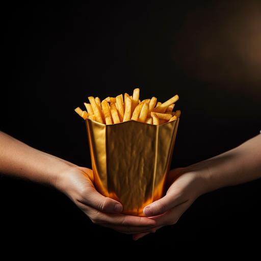 a hand holding a solid fries box made of gold, dark background, premium