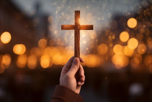 a hand holding a wood cross in front of a bokeh background, in the style of religious iconography, 8k, high quality photo, group material, rtx on, free-associative, furaffinity --ar 76:51