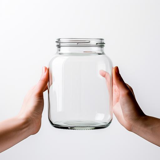 a hand holding an empty glass jar with a plain white background