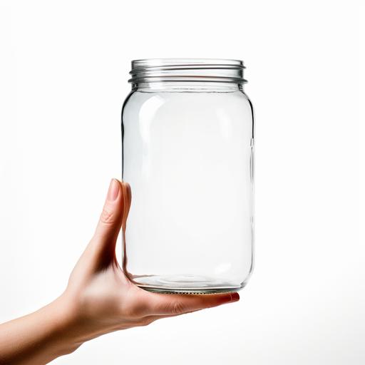a hand holding an empty glass jar with a plain white background