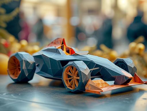 a hand made car for a competition for two persons, elegant with craft , paper design , parametric design, degraded, soap race red bull, environment, 8k, background competiton with people around --ar 4:3 --s 250 --v 6.0