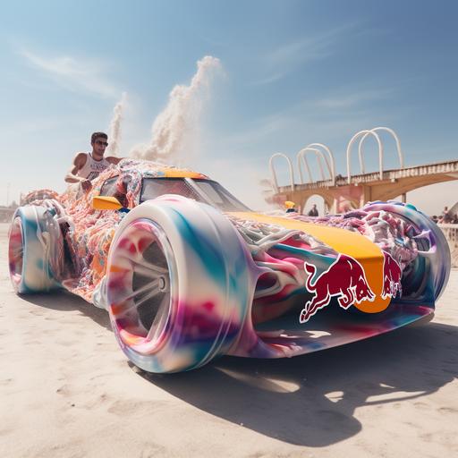 a hand made car for a competition for two persons, organic , 3D printed, generative design, degraded, neri oxman, soap race red bull, environment, 8k, white car, background competiton with people around --s 250 --v 5.2