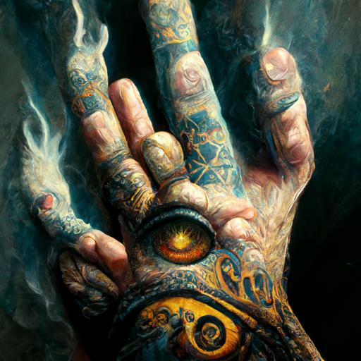 a hand of god close shot, tattoos  cycles render , oilpainting