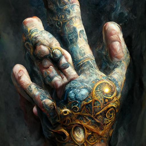 a hand of god close shot, tattoos cycles render , oilpainting