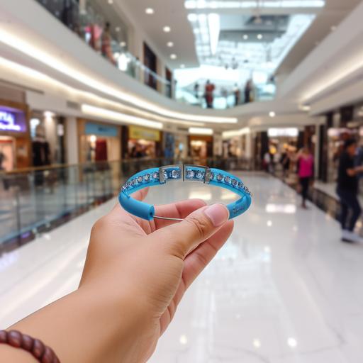 a hand wearing a blue color bracelet for counting steps inside the mall real picture --v 5.2