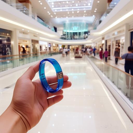 a hand wearing a blue color bracelet for counting steps inside the mall real picture --v 5.2