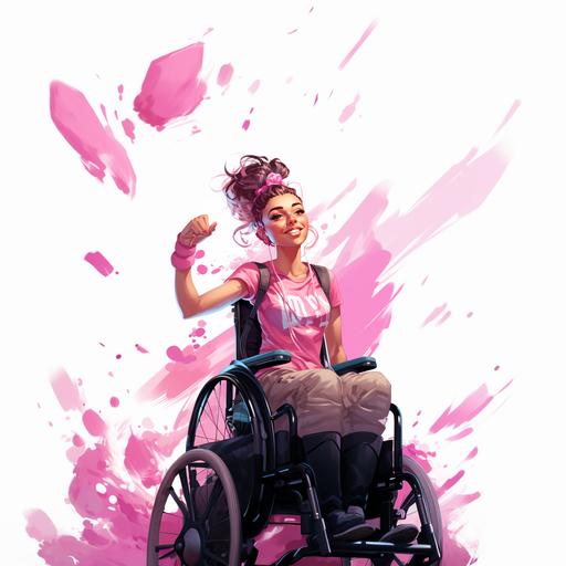 a handicaped young girl character, in a wheelchair, sportiv, arms very Muscled, friendly, wearing a pink tshirt, lifting weights, on a white background --s 1000