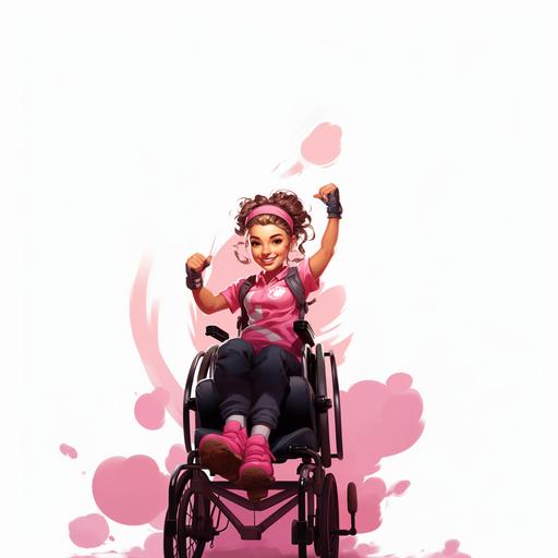 a handicaped young girl character, in a wheelchair, sportiv, arms very Muscled, friendly, wearing a pink tshirt, lifting weights, on a white background --s 1000