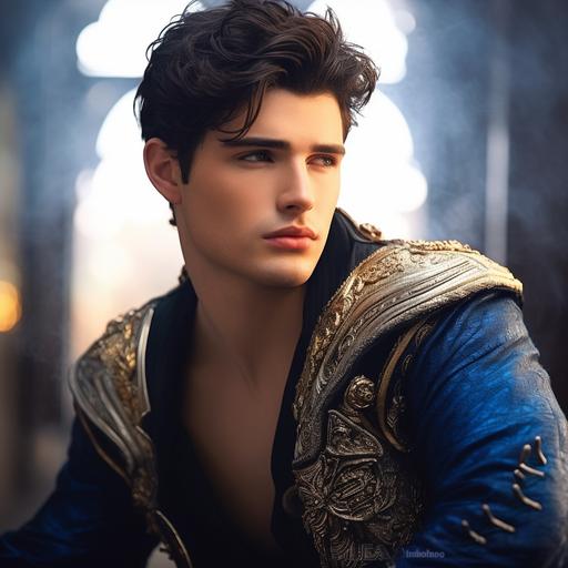 a handsome fantasy prince with black ruffled hair, blue eyes, and blue and gold fantasy suit --v 5.2