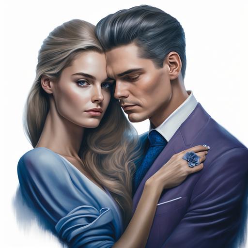 a handsome gentleman with a blue suit hugging beautiful women facing forward hight realistic art, highest image quality