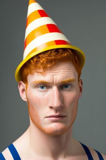 a handsome ginger haired young man with a plastic striped construction cone on his head --ar 2:3
