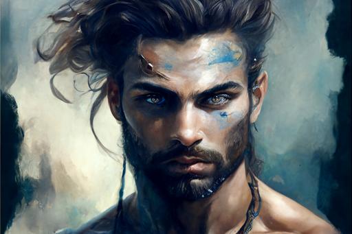 a handsome man, warrior. wiry, beautiful brown eyes almond shaped, olive skin, amazing symbolism of Pisces zodiac symbol as background, tone a palette of blue colors, hyper realistic, watercolour --v 4 --ar 3:2