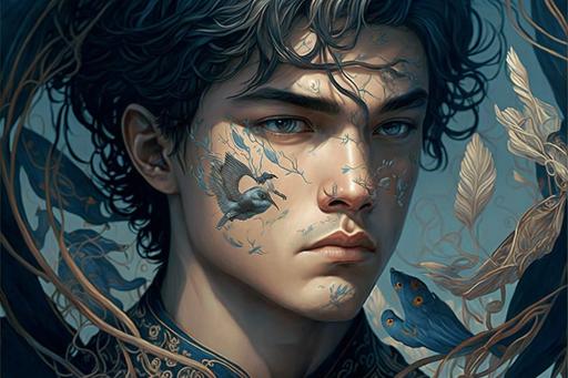 a handsome man, warrior. wiry, beautiful brown eyes almond shaped, olive skin, amazing symbolism of Pisces zodiac symbol as background, tone a palette of blue colors, by james jean and junji ito --v 4 --ar 3:2