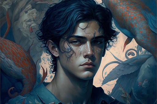 a handsome man, warrior. wiry, beautiful brown eyes almond shaped, olive skin, amazing symbolism of Pisces zodiac symbol as background, tone a palette of blue colors, by james jean and junji ito --v 4 --ar 3:2