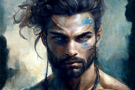 a handsome man, warrior. wiry, beautiful brown eyes almond shaped, olive skin, amazing symbolism of Pisces zodiac symbol as background, tone a palette of blue colors, hyper realistic, watercolour --v 4 --ar 3:2