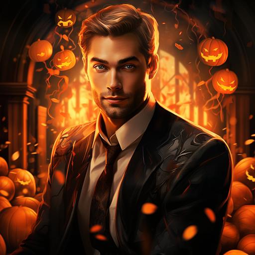 a handsome, realistic Chace Crawford man, very vivid blue eyes, dressed in an orange pumpkin patterned tuxedo, nighttime, moonlight, jack o lanterns, bats, spooky vibes, trending on Art Statiion, unreal engine