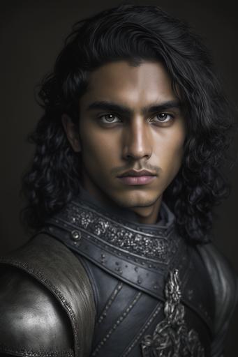a handsome young prince; light skin; indian descent; long wavy hair; wears a black armour; in his early teens; incredibly handsome; light eyes; half black half white hair; split dye hair; black armour; cinematic shot; cinematic lighting; dramatic lighting; dramatic; ultra photorealistic; Hasselblad H6D; high definition; color grading; depth of field --ar 2:3