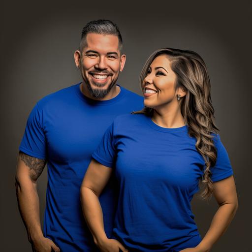 a happy Latino couple wearing the same blank royal blue tshirt with grey and black vignette background realistic 4k