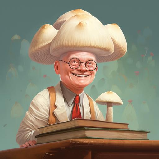 a happy albino teacher using a mushroom hat cartoon