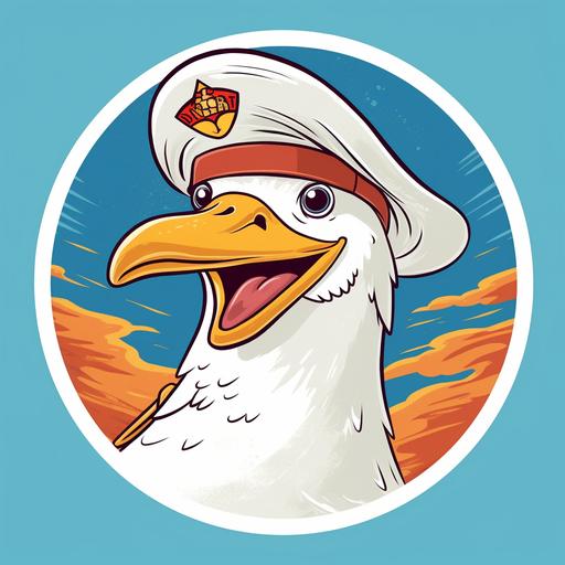 a happy and plump cartoon seagull drawn in the style of Hanna- Barbera cartoons. He is wearing a sailor's cap