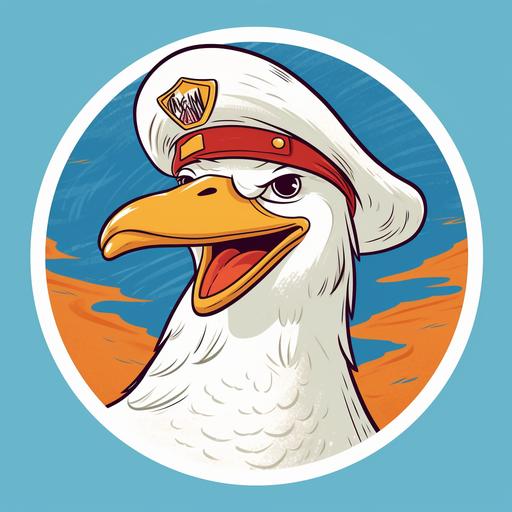 a happy and plump cartoon seagull drawn in the style of Hanna- Barbera cartoons. He is wearing a sailor's cap