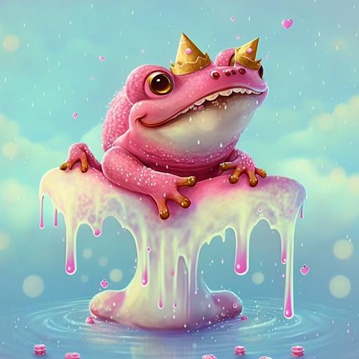 a happy and smiling pink frog with a crown made of ice cream, hearts snowing in the background --q 2
