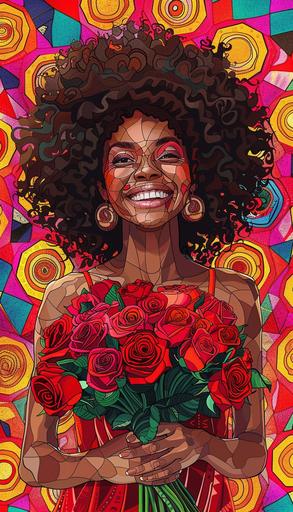 a happy beautiful black woman, smiling, with a bunch of red roses, with geodesic patterns, ﻿colorful zentangle geodesic fractal patern, kelimutu background, women's day --ar 4:7