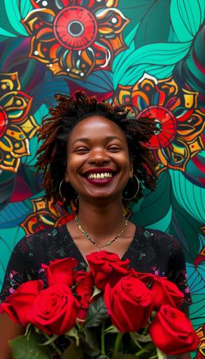 a happy beautiful black woman, smiling, with a bunch of red roses, with geodesic patterns, ﻿colorful zentangle geodesic fractal patern, kelimutu background, women's day --ar 4:7