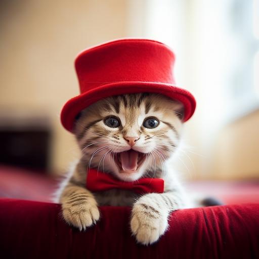 a happy cat with a red hat, very cute.