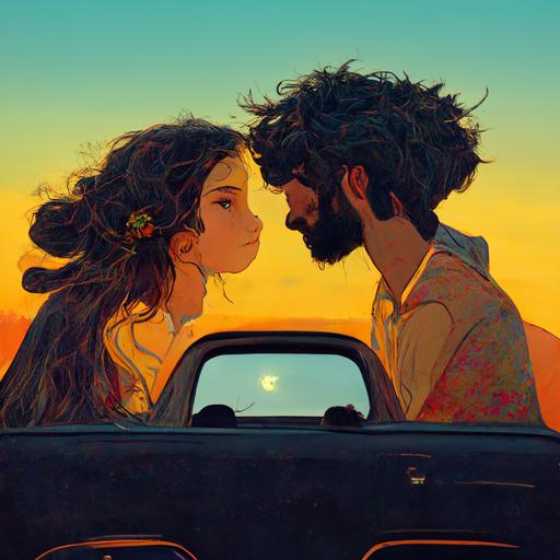 a happy couple, kissing in a car, the girl has short brown hair, the boy has black beard, the sun in the sky looks like a greek goddess.