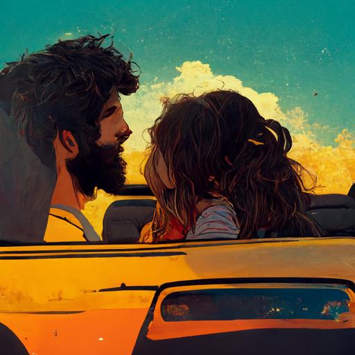 a happy couple, kissing in a car, the girl has short brown hair, the boy has black beard, the sun in the sky looks like a greek goddess.