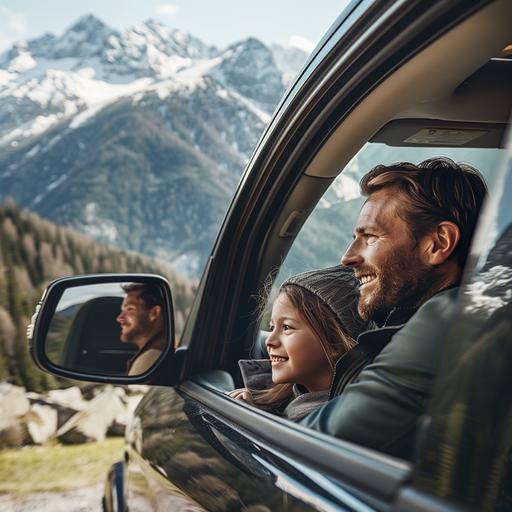a happy family driving in the mountains, photo taken outside of the window, realistic photography --v 6.0