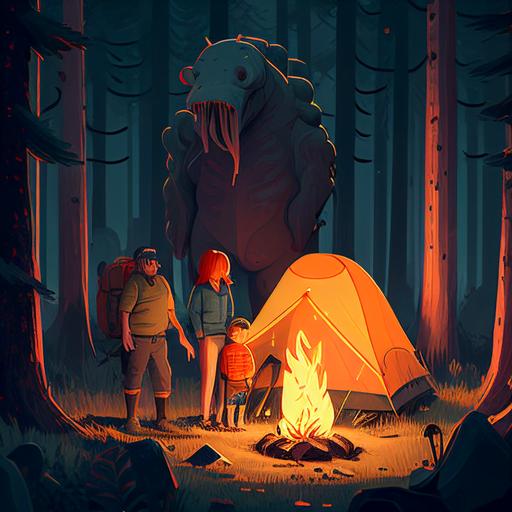 a happy family in camping in the woods after a long days walk. The dad is pitching the tent, the mom and son are playing in a small stream nearby, the dog is running around in the background. A small campfire is burning. This in the style of simon stålenhag