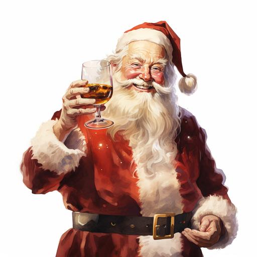 a happy jolly Santa drinking a glass of whiskey , white background