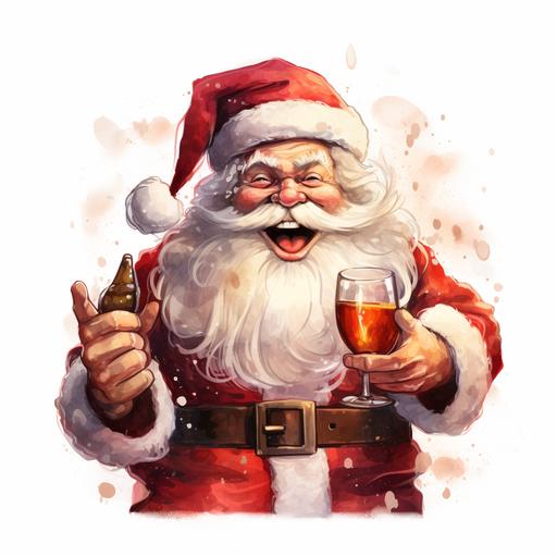 a happy jolly Santa drinking a glass of whiskey , white background