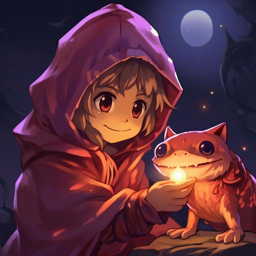 a happy little child wizard, wearing maroon coloured robes, purple glowing eyes, and hood, patting a chameleon that is glowing red. Dark background, suikoden art style sprites