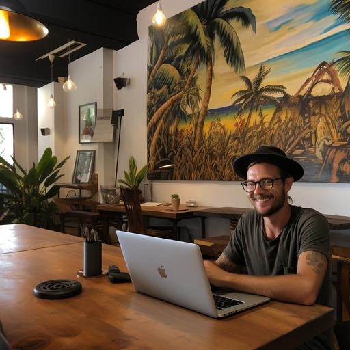a happy person working in full silence in a co working space in bali, fotorealistic