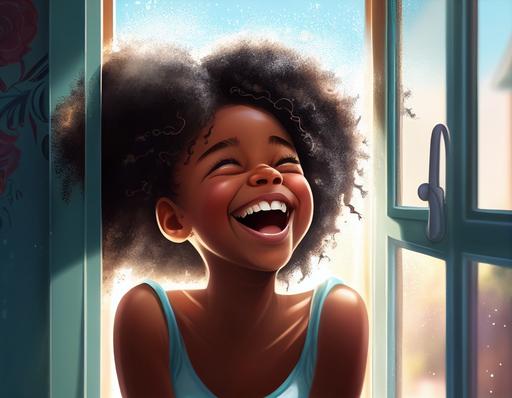 a happy pretty black girl opens a window, good morning, sunny day, cartoon, higher resolution, 8k, --ar 4:3