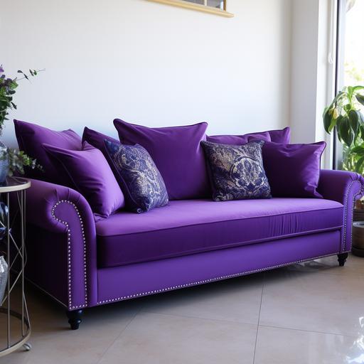 a happy purple sofa with brand-new sofa cushions smilin